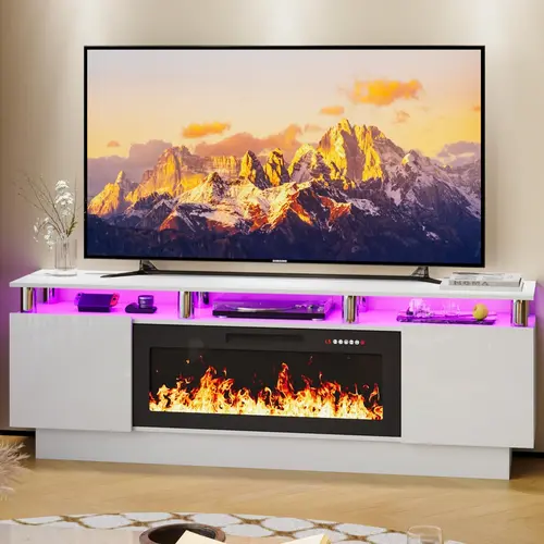 PUKAMI 70 Inches Fireplace TV Stand for TVs up to 80 Inches Console with 36'' Electric Fireplace & Remote, Wooden Modern Entertainment Center for Living Room, Tv Shelf, Room Decor
