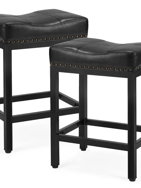 Sweetcrispy Set of 2 24-Inch Counter Height Modern PU Leather Saddle Barstools, Upholstered Bar Chairs with Metal Base & Footrest for Kitchen Island, Barstool