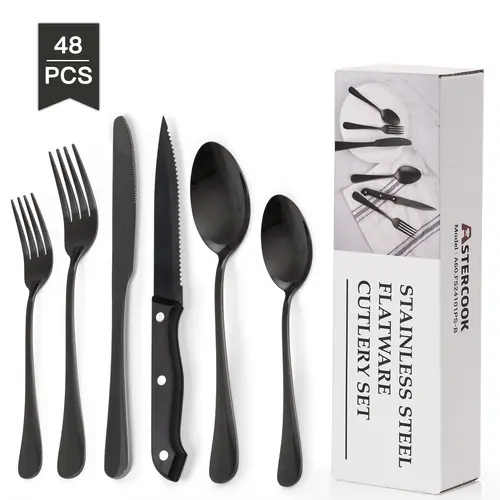 Astercook 24/48 Guest Multi-Sizes Stainless Steel Cutlery Set with Steak Knives, Spoon-Fork-Knife Utensils, Kitchenware Dinnerware Sets for Home & Restaurant, Dishwasher Safe