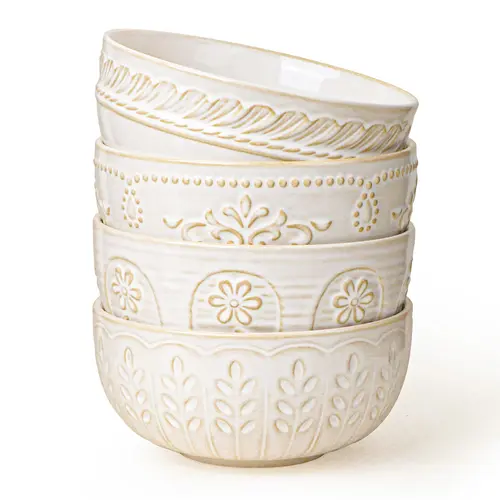 Artena 32 oz Decorative Ceramic Bowls Set of 4 - Round, 6.3 Inch, Embossed, Microwave-Safe, Dishwasher-Safe Tableware for Soup, Cereal, Holiday Gifts (32 oz Multiple Patterns)