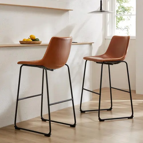 Bar Stools, Leather Bar Stools, Modern Bar Stools with Backrest, Counter Stools, Armless Bar Stools with Metal Feet, Footrests