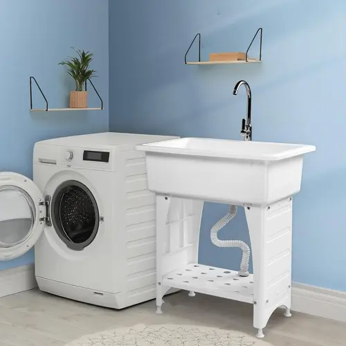 ROVSUN Spacious White Utility Sink Laundry Tub for Laundry Room, Garage Washing Station, Slop Sink, Freestanding Sink with Stainless Steel Faucet, Drain, Storage Shelf and Removable Drainboard,White