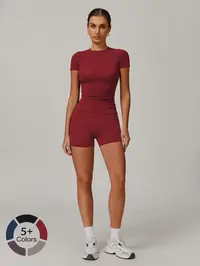 Women's Solid Ribbed Crop Tee & High Waist Shorts Set, Quick Drying for Yoga Gym Workout Running, Ladies Sportswear for All Seasons, Workout Sets Women, Women Workout Clothes, Fitness Clothing, Casual Activewear, Fitness Summer Bottoms