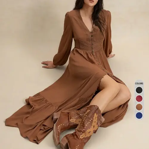 Women's Plain Plaid V Neck Long Sleeve Dress, Casual Fitted Woven Fabric Basic Dress for All Seasons, Daily Wear Fashionable Women's Clothing