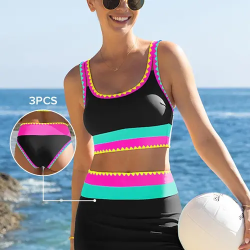 POPVIL Women's Nylon Fabric 3-Piece Athletic Beach Bikini Set - High-Waisted Tummy Control Skirted Swimsuit for Women with Adjustable Straps
