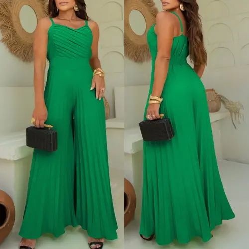 Live Only CHICME Women's Pleated V Neck Spaghetti Strap Waist Jumpsuit Casual Wide Leg Flared Romper