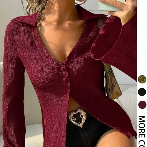 Women's Solid Color Fitted Flared Bell Sleeve Blouses & Shirts, Fabric, Casual Elegant Basic Long Sleeve Top for Daily Wear, Ladies Clothes for All Seasons, Womenswear