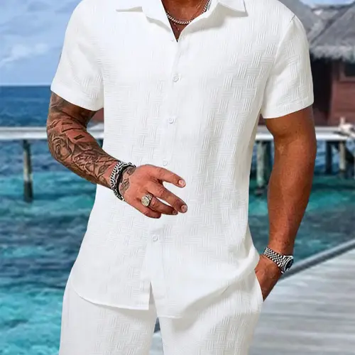 Men's Regular Fit Short Sleeve Pajama Two-piece Set, Casual Comfy Button Up Top & Shorts Pj Set, Men's Summer Sleepwear, Loungewear, Lounge Pajamas, Pyjamas, Plain, Casual Loungewear Outfit
