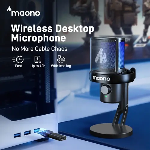 Maono DM40 Wireless Dynamic RGB Microphone - Button-Controlled, USB-C Cable, Plug-and-Play Audio, Noise Cancellation, Voice Changer, EQ Setting, Manual, Streaming Setup, 12-Month Manufacturer Warranty for Content Creators, PC, PS5, Work from Home