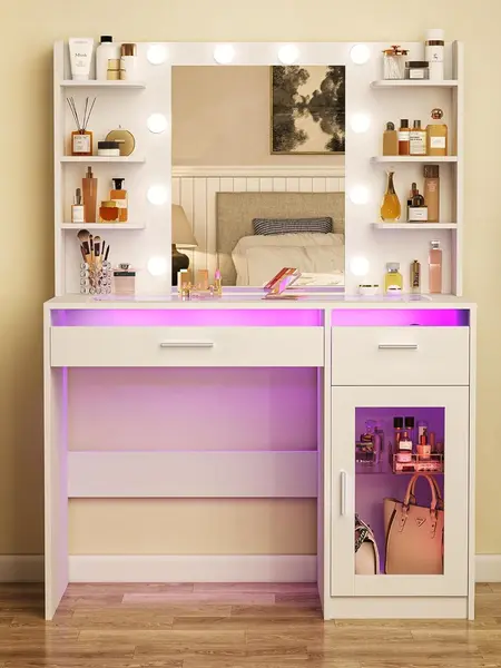 Vanity Desk with Mirror and Lights, Makeup Vanity Desk with Lights 3 Colors, Transparent Top Vanity with 2 RGB Drawers, 6 Shelves, Large Tempered Cabinet, Power Outlet, for Bedroom, White