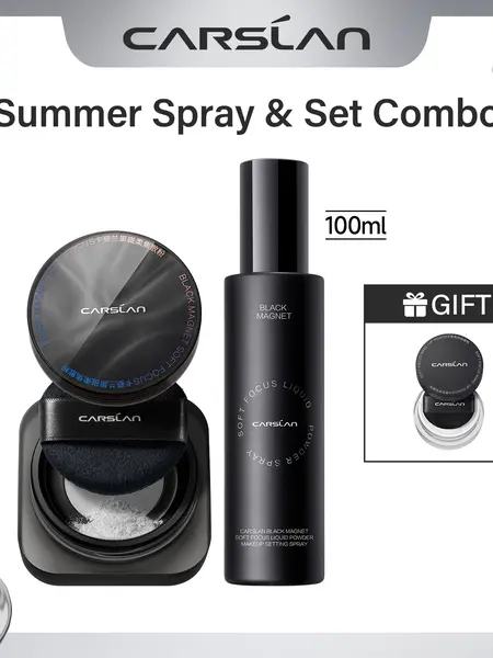 [2.0]CARSLAN Black Magnet Soft Focus Make-up Powder+Liquid Powder Makeup Setting Spray, 24HLongglasting, Oil Control, Waterproof, Blurring Pores Summer Spray & Set Combo