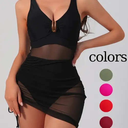 Women's Solid Color Irregular Hem Sheer Mesh Cut Out Swimsuit, Sexy Fashion Chic One-piece Swimwear for Beach Holiday Vacation, Ladies Swimsuit for All Seasons, Swim Bodysuit, Swimming Bathing Suit, Swimmingsuits #GLOBAL PICKS