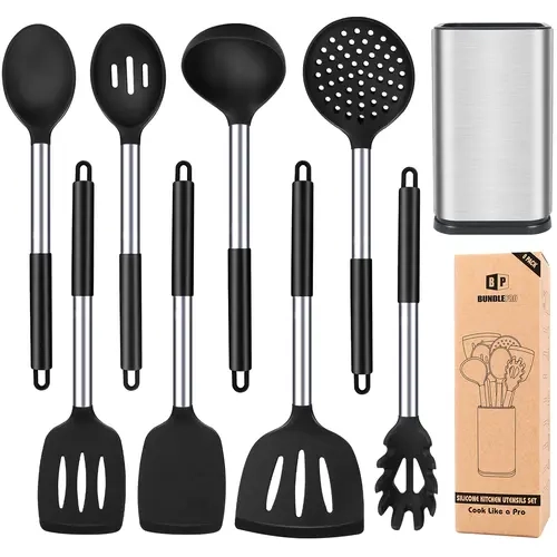 BUNDLEPRO 8Pcs Silicone Cooking Utensil Set - BPA-Free, Heat-Resistant Non-Stick Kitchen Gadget with Stainless Steel Handle, Hanging Kitchen Tools Including Silicone Cooking Spoon, Black Girly Kitchenware