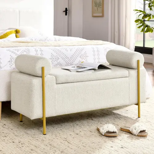 Niccae Premium Velvet Upholstered 44" Beige Large Long Rectangular Storage Bench - Built-In Cushion, Cylindrical Arms, Iron Legs, Safety Hinge, Modern Footstool with Storage for Entryway, Living Room