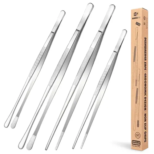 BUNDLEPRO 4 Pcs Fine Long Tweezer Tongs Professional Black Set,12'' and 10'' Stainless Steel for Kitchen Utensils , Food, Cooking, Repairing, Sea food and BBQ, Barbecue Accessories, Kitchen Supplies