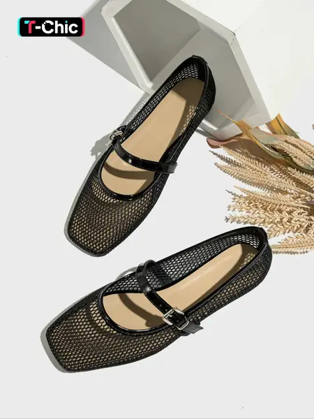 Women's Fashionable Solid Color Hollow Out Design Mary Jane Shoes, Casual Comfortable Square Toe Flat Shoes for Summer, Lightweight Breathable Shoes for Daily Wear, Girl, Casual Flats, Lightweight Flats Footwear