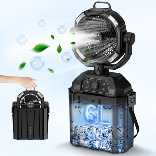 YoungSa Portable Camping Misting Fan with 6L Bucket 32000mAh Rechargeable Multifunction Fan,Infinitely variable speed,4 Spray Mister with LED Lantern,Remote & Hook for Patios,Fishing,Travel,Garden Party,Golf,Outside
