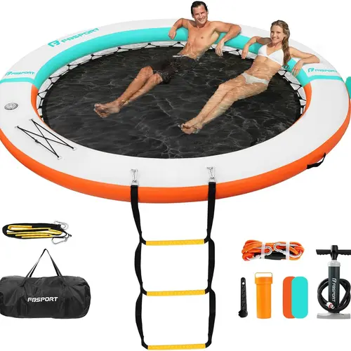 FBSPORT Inflatable Water Hammock Round Floating Ring, 8ft Inflatable Dock Floating Platform for Lake W/Cupholder, Sun Float Chill Raft Float Ring Tanning Pool Lounger Island Platform Pad