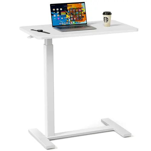 Sweetcrispy Height Adjustable Modern Rectangular Overbed Table - Single-Column Steel Legs, Rolling Wheels, Space-Saving Base, Mobile Standing Laptop Bedside Table for Hospital, Home Use, Height Adjustable Table