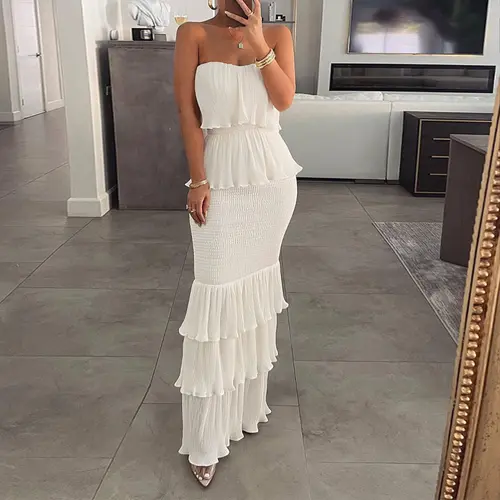 CHICME Women's Bandeau Shirred Ruffle Hem Wedding Guest Layered Sleeveless Dress/sundress Womenswear