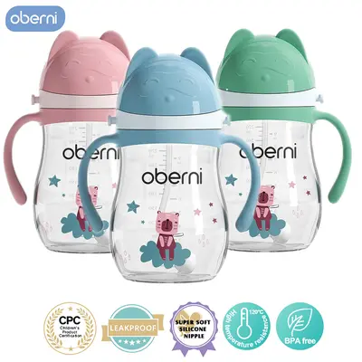 oberni Baby Sippy Cup, Eco-Friendly Tritan Trainer with Characters for Mothers, Leakproof with Weighted Straw & Wide Neck, Unisex, 270ml, Kids, Animals,back to school,sohochic