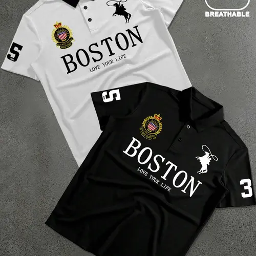 Men's Letter & Number Print Polo Shirt, Printed Polo Shirt, Regular Fit Streetwear Collared Short Sleeve Top, Breathable Summer Polo for Daily Outdoor Wear, All-Season Wear, Casual Polo Shirt