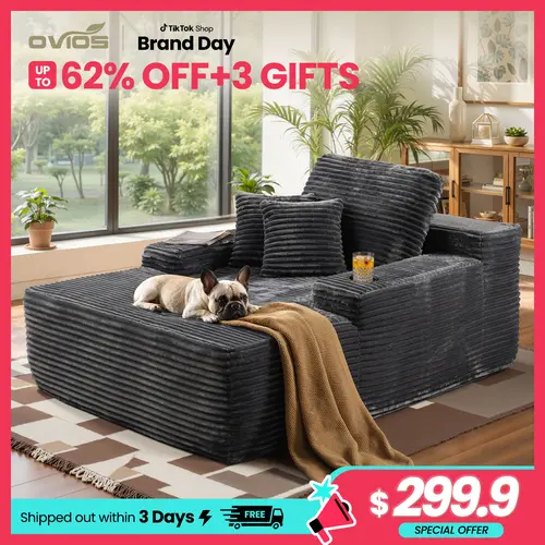 【SohoChic Sale】OVIOS 67" Boneless Chaise Lounge with Cup Holders, Oversized Deep Seat Plush Corduroy Sofa Bed, Convertible Cloud Sleeper Couch & Reading Chair for Living Room, Bedroom, Apartment, No Assembly Required