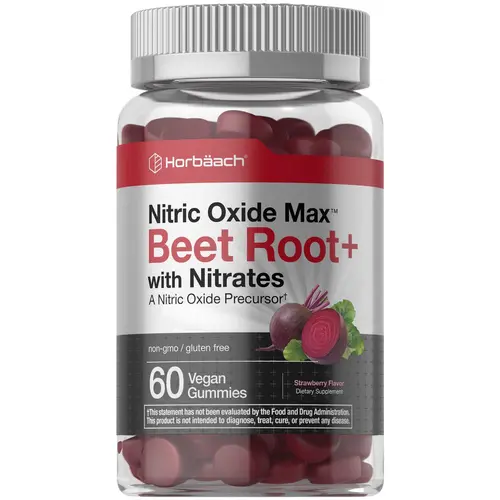 Horbäach Nitric Oxide Beet Root Gummies - 60 Count - with Nitrates - Strawberry Flavor - Vegan, Non-GMO, Gluten Free Supplement