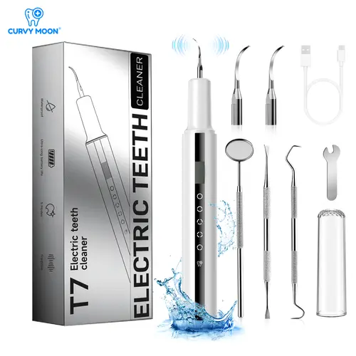 CURVY MOON Plaque/Tartar Remover for Teeth,Rechargeable Dental Calculus 5 Mode and 4 Heads USB C UV Light Smart Power Off| Ipx6 Waterproof Remover 90 Day Battery & 3 Hour Charge Teeth Cleaning Kit with LED Light & Adjustable For Home Travel Electric Fast,