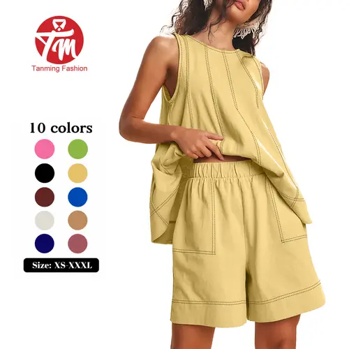 Tanming Women's Matching Cotton 2-Piece Short & Top Set - Round Neck Sleeveless A-Line Tank Top with Contrast Stitching, High-Waist Pocketed Shorts, Summer Essential (fits women's 2 piece sets search terms), Lady, Casual, Two Piece Sets Women