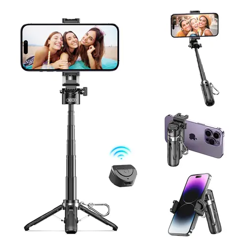4-in-1 Foldable Mini Selfie Stick Accessories - Alloy Body, Bluetooth Remote, Cellphone/Smartphone Clip, Tripod, Phone Stand for Vlogs, Live Streaming, Compatible with iPhone16/15/14/13 Series