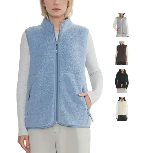 Hixiaohe Women's Light Minimalist Solid Loose Fleece Fuzzy Stand Collar Sleeveless Full-Zip Sherpa Gilet with Pocket, Warm Lady's Outwear for Black Friday,sohochic