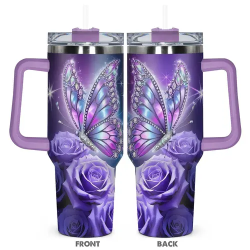 Butterfly & Rose Pattern Tumbler, 40oz Stainless Steel Insulated Travel Tumbler with Lid, Insulated Coffee Tumbler, Gift for Birthdays, Holidays, or Special Moments for Family, Friends, Coworkers, Drinkware, Vacuum Insulated Flask, Insulated Cups