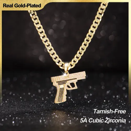 Holylegend Unisex 14 Karat Real Gold-Plated Bling Necklace Pendant Jewelry, 24-in Hip Hop Chain with Gun, Dice & Game Controller Charms, 5A Cubic Zirconia, Tarnish-Free Daily Father's Day Gift