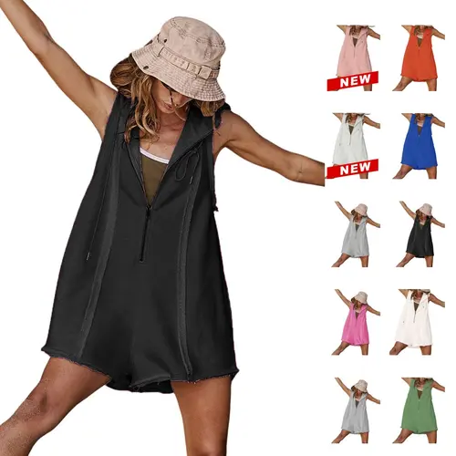 Ommig Women's Breezy Cotton Shorts Jumpsuit - Hooded V-Neck, Sleeveless, Loose Fitting, Half Zip Pull-On, Pockets, Sporty Chic Basics for Workout, Women's Fashion Athleisure Overalls,sohochic