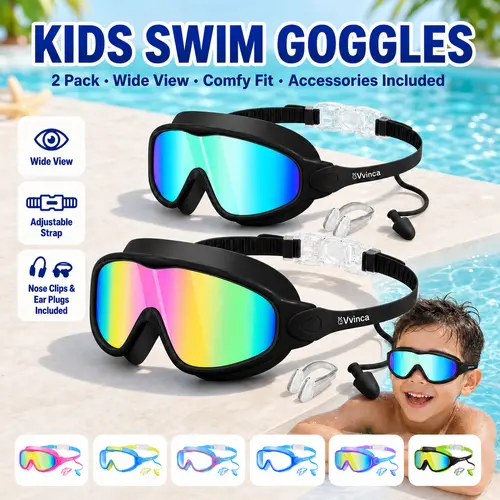 [BackToSchool] Vvinca Kids Swim Goggles for Ages 3-12+ Kids,Youth,UV Protection Anti-Fog Wide View Waterproof Goggles for Boys and Girls - Safety anti-uv swimming goggles swim glass anti-fog  with Earplugs & Nose Clip,for Lake,Beach, Summer Party