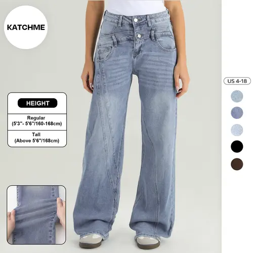 KatchMe Women's Vintage High Waist Patchwork Wide Leg Jeans, Soft Non-Shrinking Pants, Fake Two-Piece Durable Denim Trousers, Stretchy Baggy Wrinkle-Resistant Daily Outfits