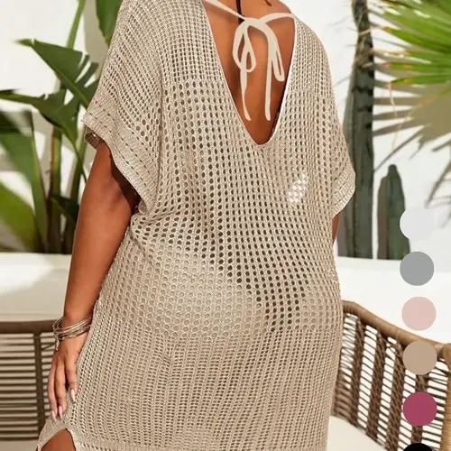 【Plus Size】 Plain Knit Dress, Plus Size Women's Crochet Swimwear Cover Up Dress, Women's Plus Clothing for Beach Cover Ups Holiday Vacation, Beach Coverup