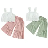 Toddler Kids Baby Girl Two Piece Outfit Solid Color Lace Cami Sleeveless Tank Tops Ruffle Bell-bottom Casual Wide Leg Pants Spring Summer Clothes #Summervibes