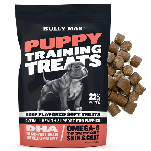 Bully Max High Protein Puppy Training Treats - Gelatin & Carob Chews with DHA for Brain Development, 22% Protein, Real Beef, Lecithin, Tapioca Starch, Universal for US Feeding Needs, Use as Treat for Growth & Muscle Support