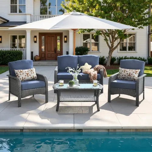 【SohoChic Sale】OVIOS 4-Piece Outdoor Patio Furniture Set with High-Back Cushions & Coffee Table, All-Weather Wicker Sofa Conversation Set for Backyard, Patio, Porch, Deck, Garden, Balcony & Poolside