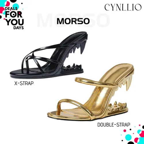 CYNLLIO Womens Morso Sandals Open Round Toe Wedge Heels Elegant Metallic Shark Teeth Heel Style Slip on Strappy Heeled Fashionable Tiger Teeth Flip Flops Thong Mule Hollow-Shaped Slide Sandal Dressy Party Clubbing  Catwalk Pumps  Fall