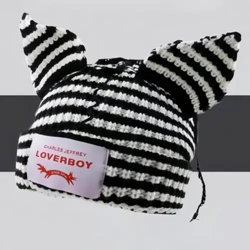 LOVERBOY Striped Cat Ears Beanie Hat - Funky Acrylic Unisex Accessory, One Size with Snug Elastic Fit & High-Stretch for Comfy Fit, Cute Striped Look, Soft Warm Casual Fall-Winter Hat,sohochic