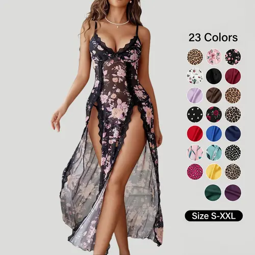 Avidlove Women's Lace Nightgown - Floral Mesh Chemise with V-Neck & Side Splits - Fitted Loungewear for Comfortable Wear - Soft Lightweight Lingerie SpringStatements Feminine Fabric Black Sleeveless