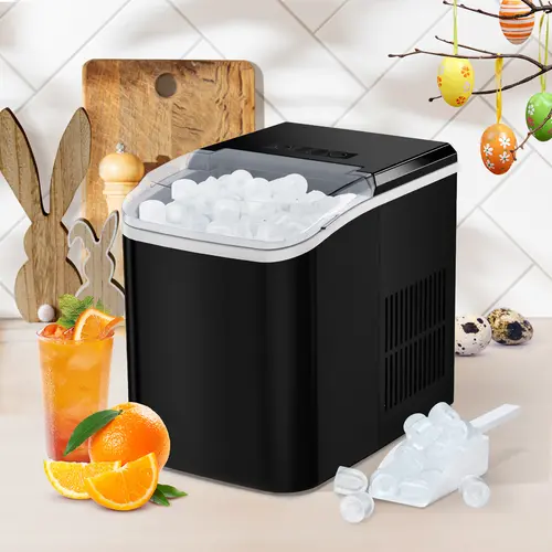 Sweetcrispy Small Size Portable Ice Machine - Countertop Kitchen Appliance with Basket, Handle, 2 Bullet Ice Sizes, 9 Cubes in 6 Mins, 26.5lbs/24Hrs Production Capacity