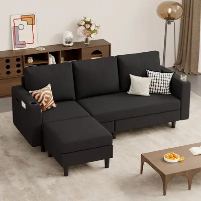 Modular L-Shaped Reversible Sectional Sofa Set - 78'' 3-Seat Asymmetrical Comfy Couch, Washable Linen Beige Pet-Friendly Convertible Modern Sofa, 1-Box Delivery Space-Saving DIY Indoor Furniture for Living Room Tiny Apartment Tiny Living Dorm Room