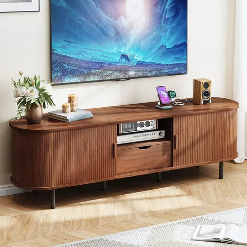 【SohoChic】ONBRILL 69" TV Stand with Power Outlet for TVs up to 80", Walnut | Entertainment Center with Storage and Drawer TV Console w/ Adjustable Shelves & Sliding Door TV Stand for Living Room Bedroom