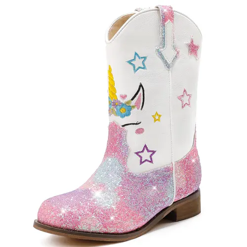 Girls' Glitter Star Sequin Mid-Calf Square Toe Unicorn Cowboy Boots - Toddler/Little Kid 6-7 Years Riding Shoes, Versatile Styling Options, All Seasons for Birthday, Role Play, Princess Dress Up Party,sohochic