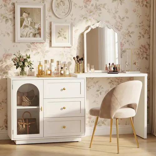 【SohoChic】RoyalCraft 2-in-1 Makeup Vanity Desk & Office Desk, Multifunctional and Space-Saving Extendable Corner Table with Drawers, No Mirror, Dressing Table for Bedroom, Vanity Desk for Working, Studying, Drawing, Sewing, Nail Care (White, Beige)