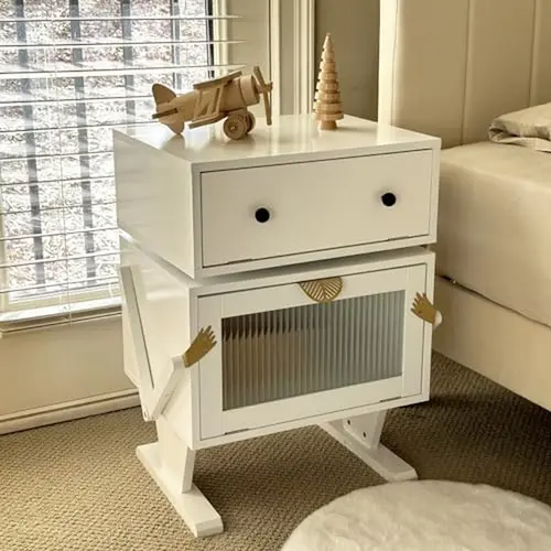 【SohoChic】RoyalCraft Robot Nightstand with LED Light Strips, End Table with 360 Degree Rotating Drawer, Modern Design Bedside Table with Glass Door Storage, Wood Cabinet for Bedroom, Home Office Furniture Organize